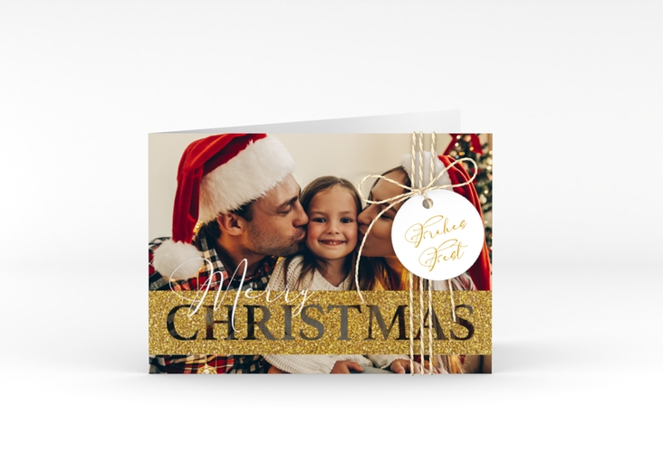 Weihnachtskarte Goldschimmer A6 Klappkarte quer mit Foto und Schriftzug Merry Christmas