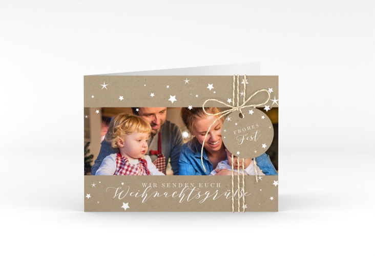 Weihnachtskarte Sternennacht A6 Klappkarte quer Kraftpapier mit Sternchen und Familienfoto