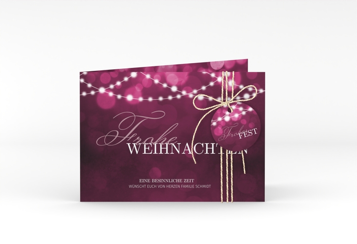 Weihnachtskarte Lichterzauber A6 Klappkarte quer pink edel mit Lichtgirlande