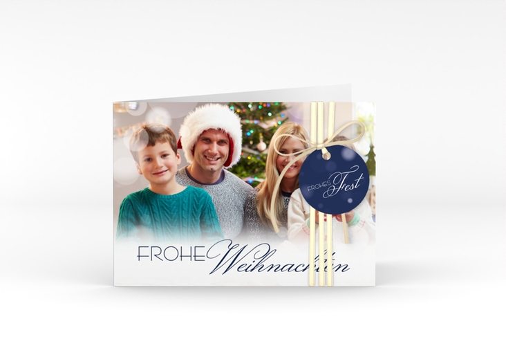 Weihnachtskarte Familienzeit A6 Klappkarte quer blau zum Personalisieren mit Familienfoto