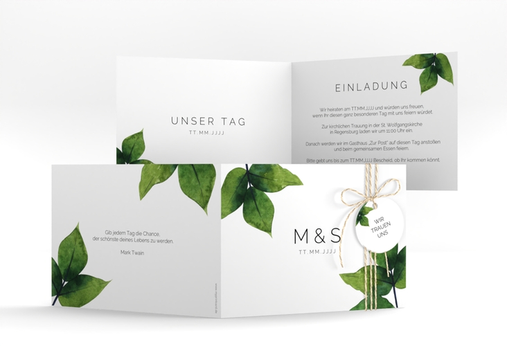 Hochzeitseinladung Greenery A6 Klappkarte quer gruen hochglanz minimalistisch mit grünen Blättern