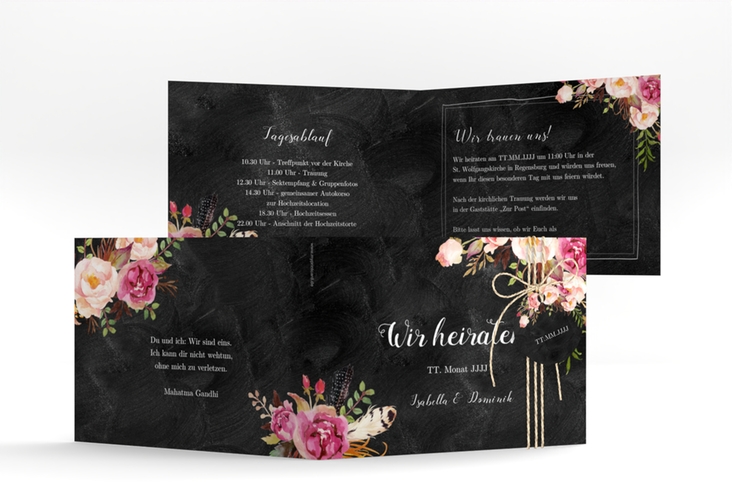 Hochzeitseinladung Flowers A6 Klappkarte quer schwarz mit bunten Aquarell-Blumen