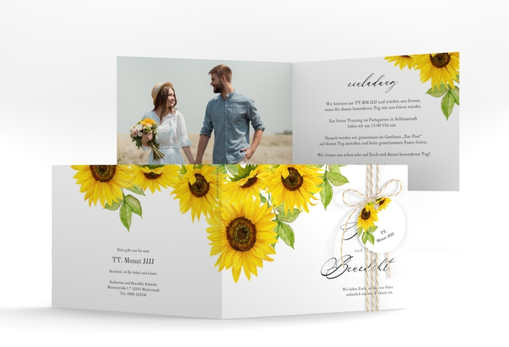 Hochzeitseinladung Sonnenblume A6 Klappkarte quer weiss