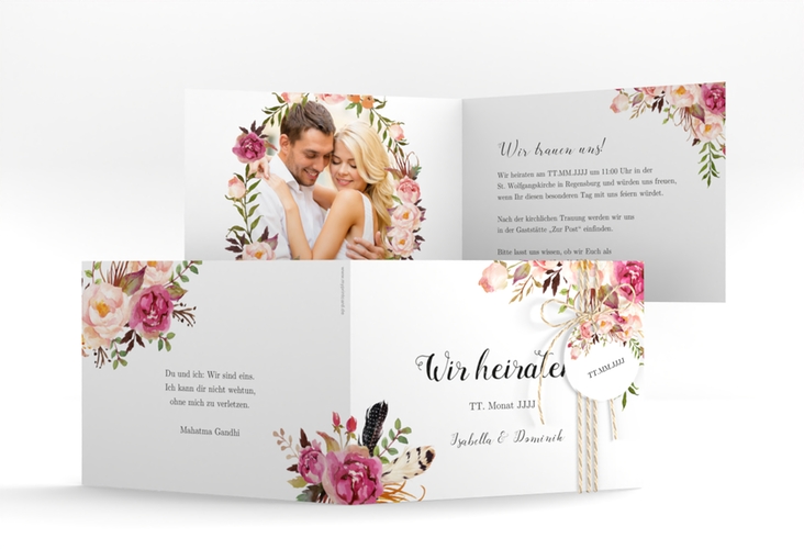 Hochzeitseinladung Flowers A6 Klappkarte quer weiss hochglanz mit bunten Aquarell-Blumen