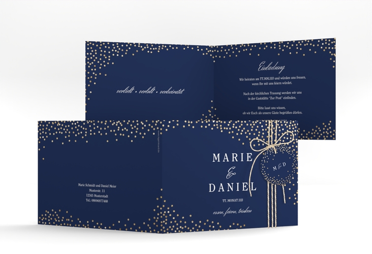 Hochzeitseinladung Glitter A6 Klappkarte quer blau