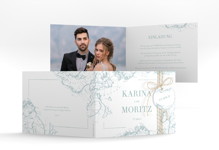 Hochzeitseinladung Voyage A6 Klappkarte quer mint