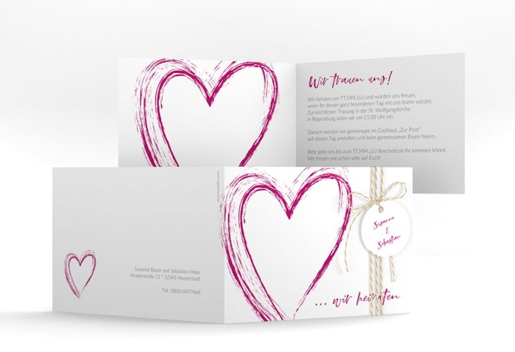 Hochzeitseinladung Liebe A6 Klappkarte quer pink