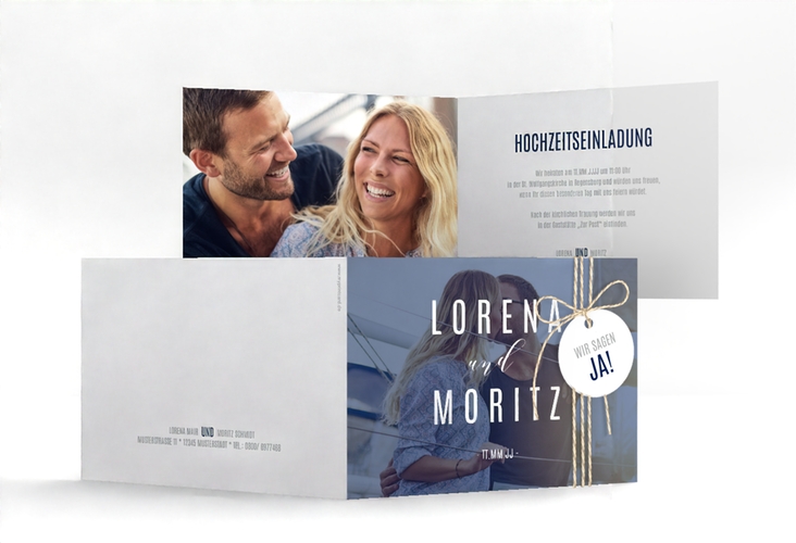 Hochzeitseinladung Memory A6 Klappkarte quer blau