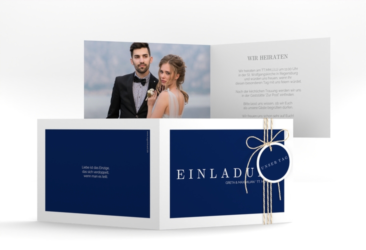 Hochzeitseinladung Simply A6 Klappkarte quer blau