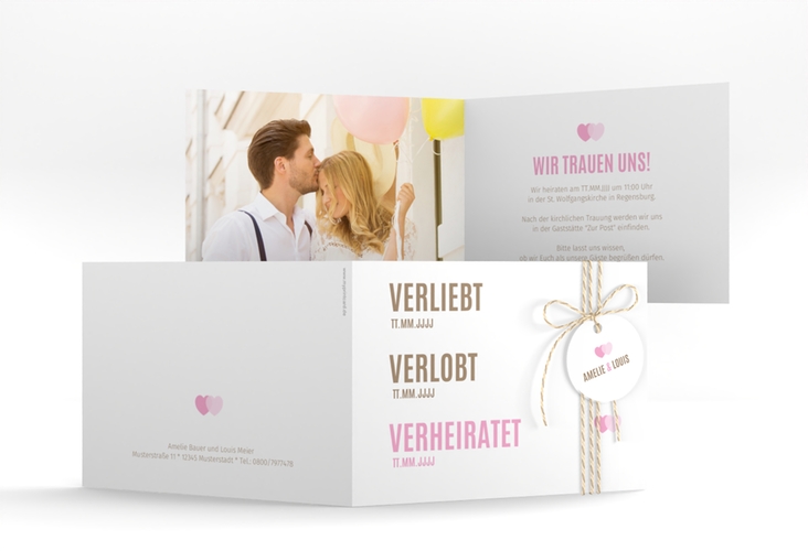 Hochzeitseinladung Couple A6 Klappkarte quer rosa