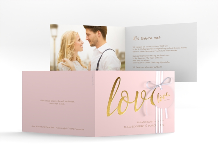 Hochzeitseinladung Glam A6 Klappkarte quer rosa