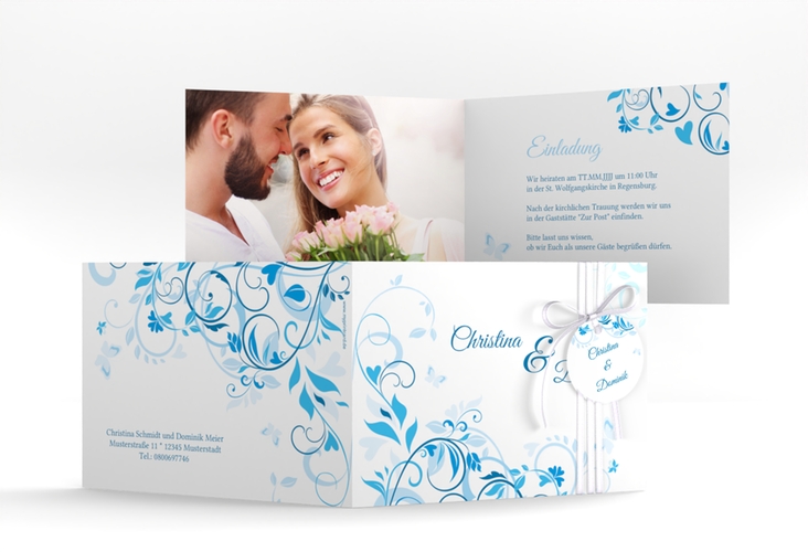 Hochzeitseinladung Lilly A6 Klappkarte quer blau