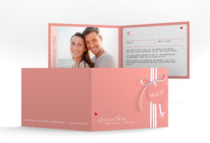 Hochzeitseinladung Weddingpass A6 Klappkarte quer rosa