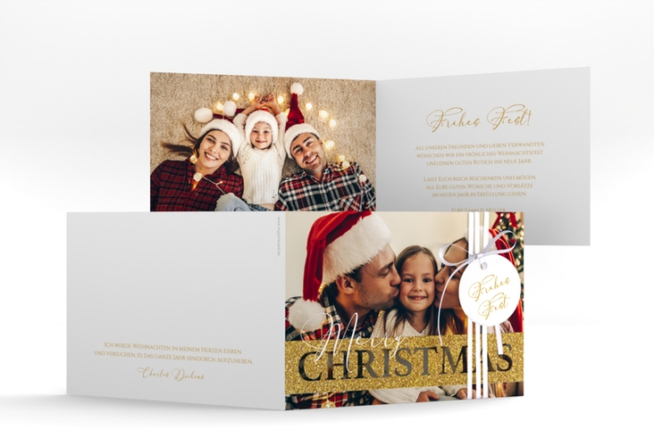 Weihnachtskarte Goldschimmer A6 Klappkarte quer mit Foto und Schriftzug Merry Christmas