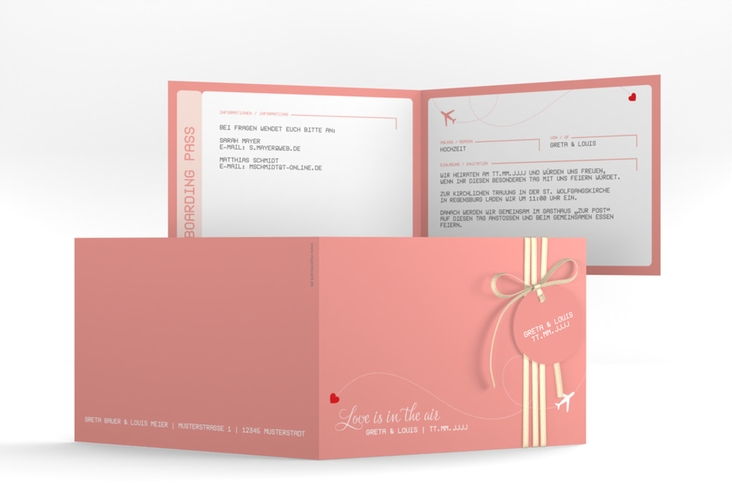 Hochzeitseinladung Weddingpass A6 Klappkarte quer rosa