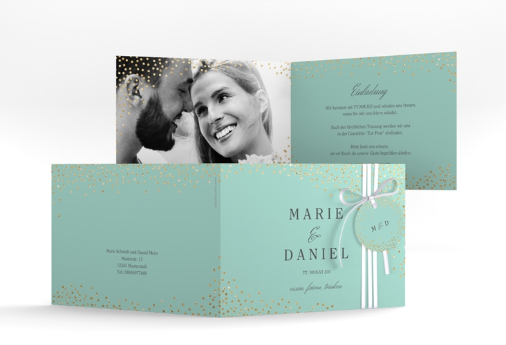 Hochzeitseinladung Glitter A6 Klappkarte quer mint