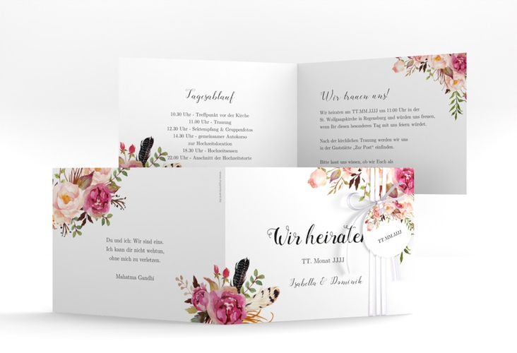 Hochzeitseinladung Flowers A6 Klappkarte quer weiss mit bunten Aquarell-Blumen