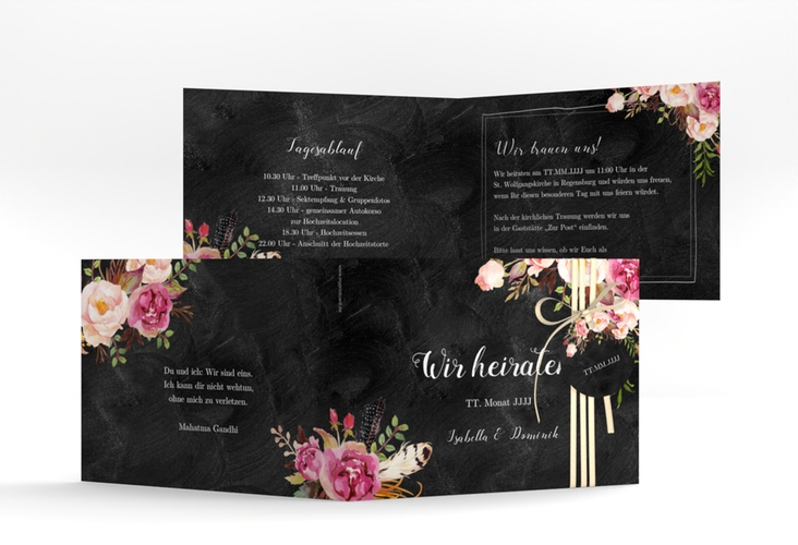 Hochzeitseinladung Flowers A6 Klappkarte quer schwarz mit bunten Aquarell-Blumen