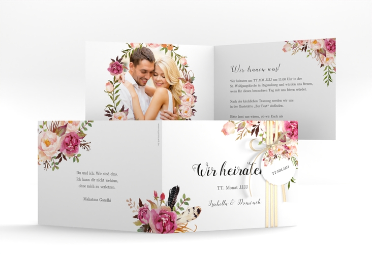 Hochzeitseinladung Flowers A6 Klappkarte quer weiss hochglanz mit bunten Aquarell-Blumen