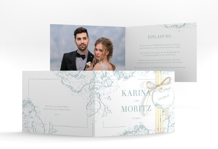 Hochzeitseinladung Voyage A6 Klappkarte quer mint