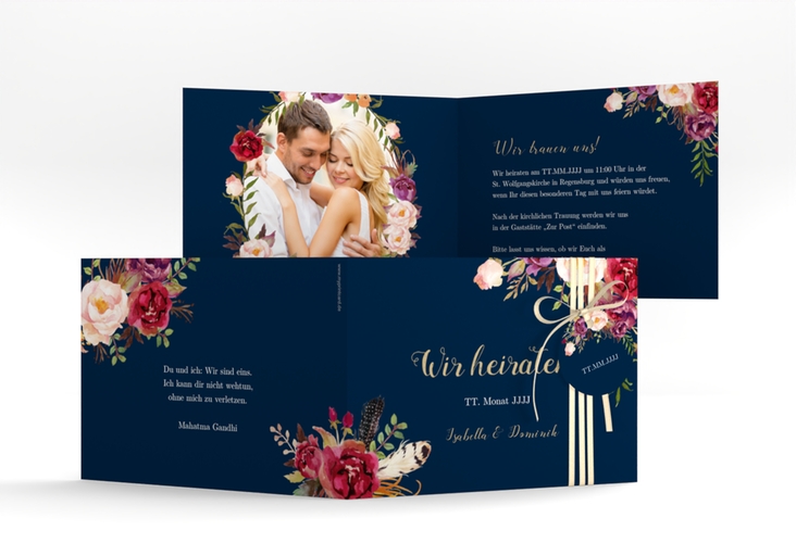 Hochzeitseinladung Flowers A6 Klappkarte quer blau mit bunten Aquarell-Blumen