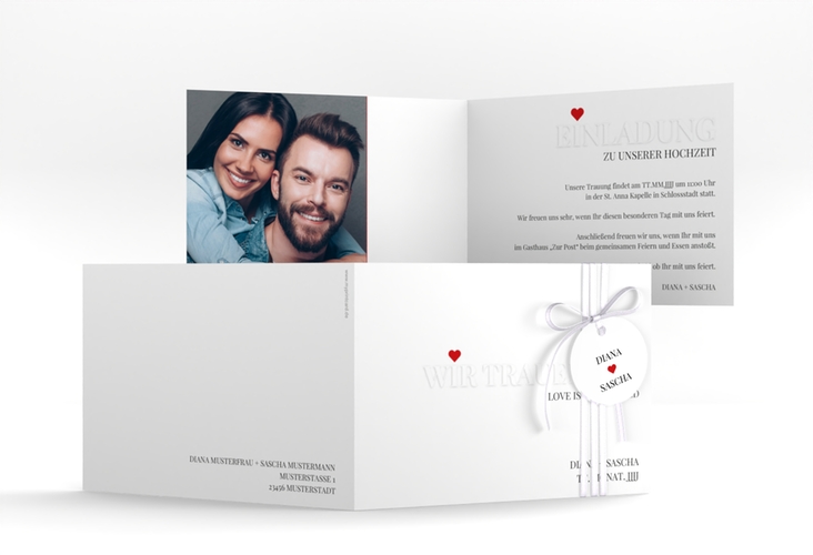 Hochzeitseinladung Embossing A6 Klappkarte quer rot hochglanz