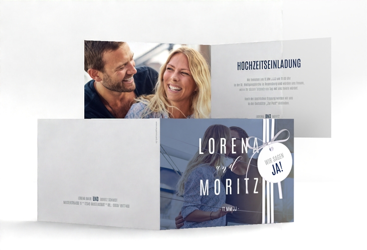 Hochzeitseinladung Memory A6 Klappkarte quer blau