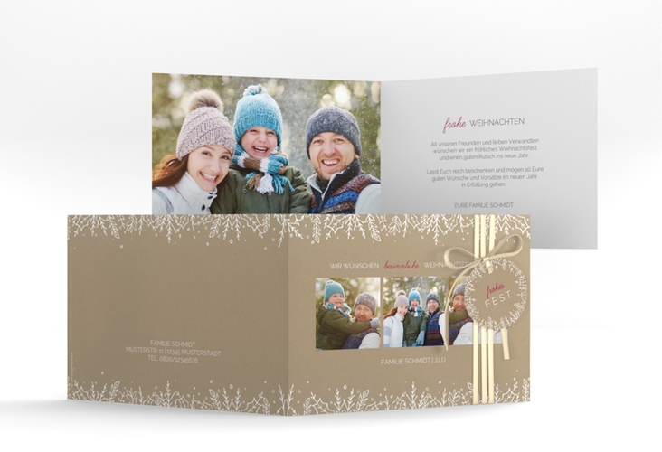 Weihnachtskarte Decor A6 Klappkarte quer Kraftpapier mit drei Fotos und Zweig-Dekor