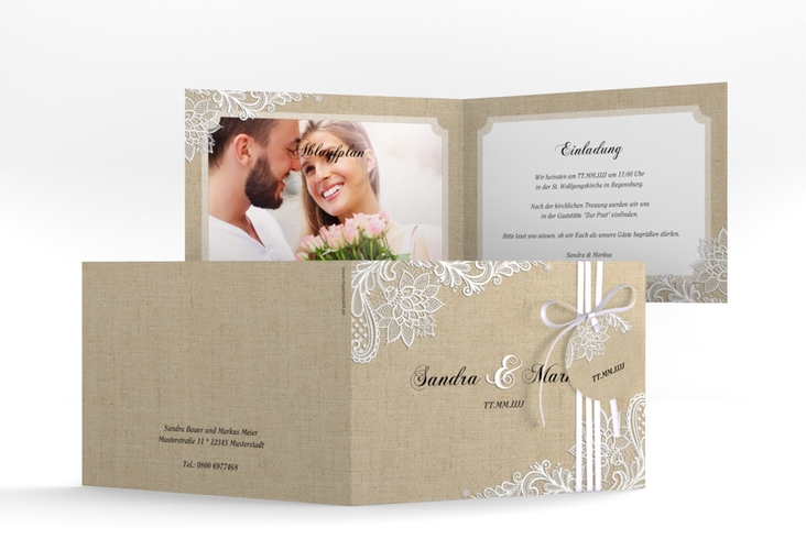 Hochzeitseinladung Lace A6 Klappkarte quer beige in Leinen-Optik mit weißer Spitze