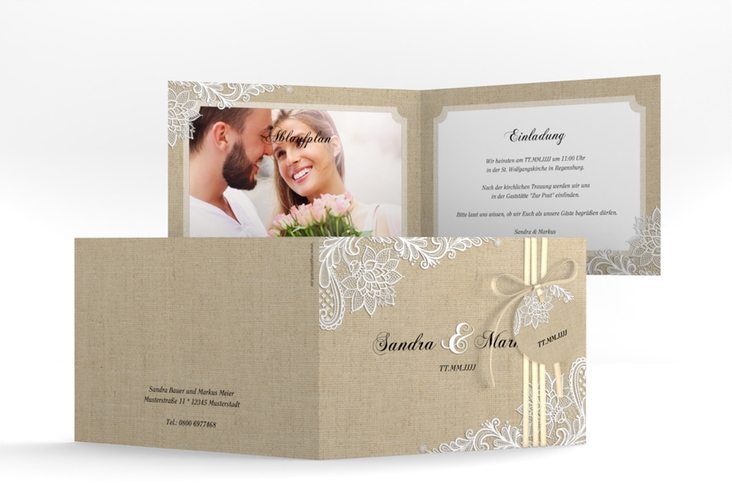 Hochzeitseinladung Lace A6 Klappkarte quer beige in Leinen-Optik mit weißer Spitze