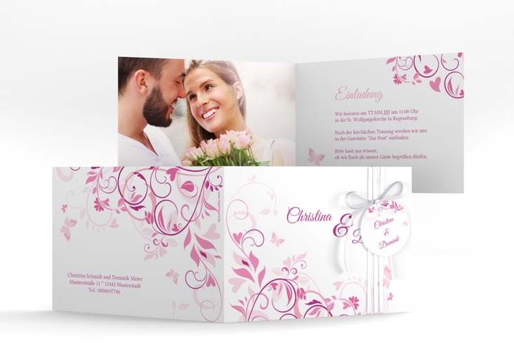 Hochzeitseinladung Lilly A6 Klappkarte quer pink