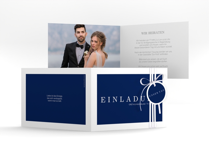 Hochzeitseinladung Simply A6 Klappkarte quer blau