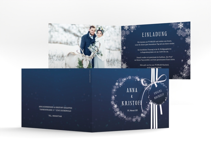 Hochzeitseinladung Winterdream A6 Klappkarte quer blau mit Eisblumen