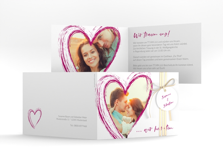 Hochzeitseinladung Liebe A6 Klappkarte quer pink hochglanz