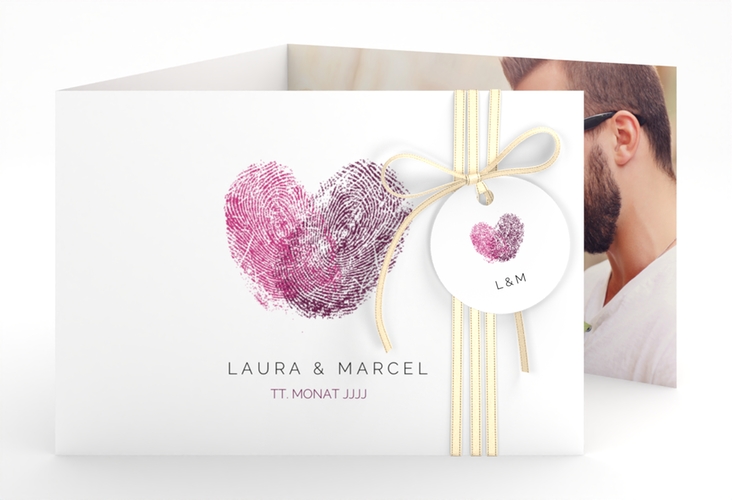 Hochzeitseinladung Fingerprint A6 Doppel-Klappkarte pink schlicht mit Fingerabdruck-Motiv