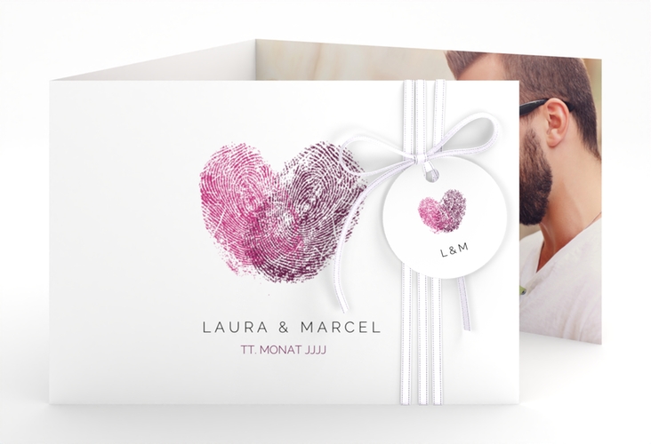 Hochzeitseinladung Fingerprint A6 Doppel-Klappkarte pink schlicht mit Fingerabdruck-Motiv