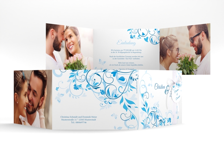 Hochzeitseinladung Lilly A6 Doppel-Klappkarte blau