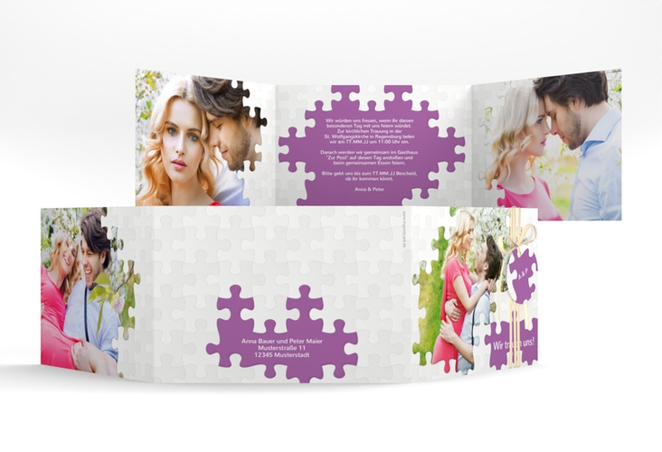 Hochzeitseinladung Puzzle A6 Doppel-Klappkarte lila