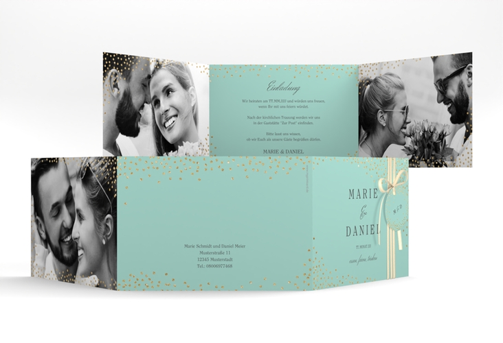 Hochzeitseinladung Glitter A6 Doppel-Klappkarte mint