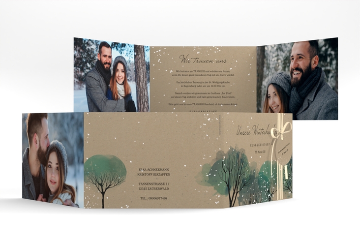 Hochzeitseinladung Winterhochzeit A6 Doppel-Klappkarte Kraftpapier hochglanz