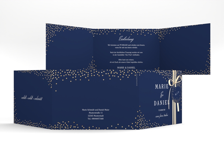 Hochzeitseinladung Glitter A6 Doppel-Klappkarte blau