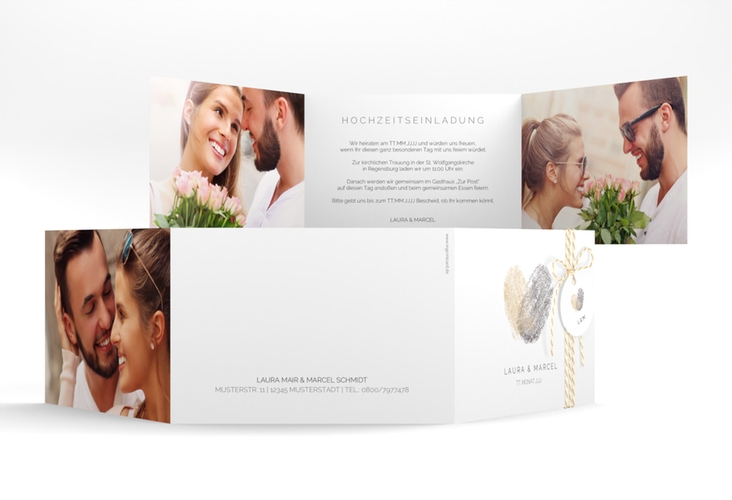 Hochzeitseinladung Fingerprint A6 Doppel-Klappkarte beige schlicht mit Fingerabdruck-Motiv