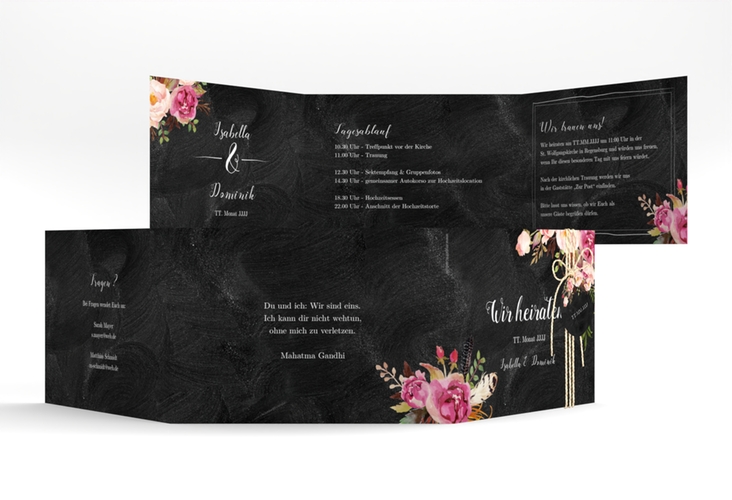 Hochzeitseinladung Flowers A6 Doppel-Klappkarte schwarz mit bunten Aquarell-Blumen