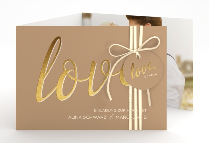 Hochzeitseinladung Glam A6 Doppel-Klappkarte beige