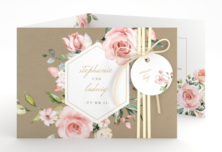 Hochzeitseinladung Graceful A6 Doppel-Klappkarte Kraftpapier mit Rosenblüten in Rosa und Weiß