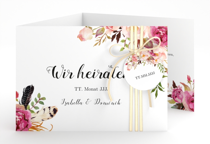 Hochzeitseinladung Flowers A6 Doppel-Klappkarte weiss hochglanz mit bunten Aquarell-Blumen