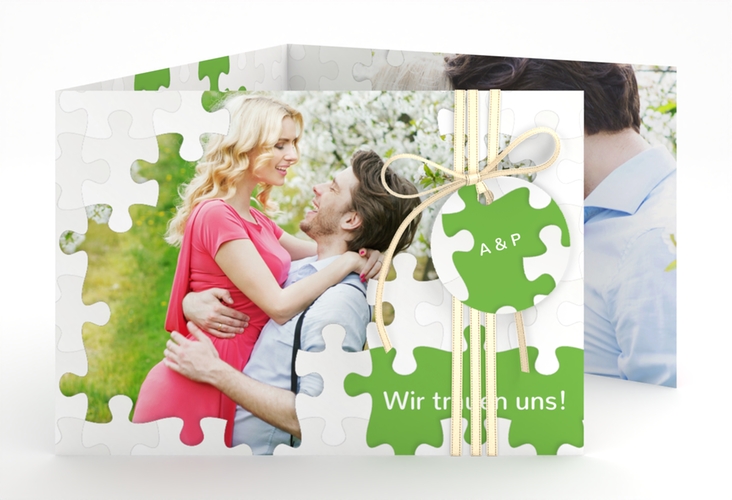 Hochzeitseinladung Puzzle A6 Doppel-Klappkarte gruen