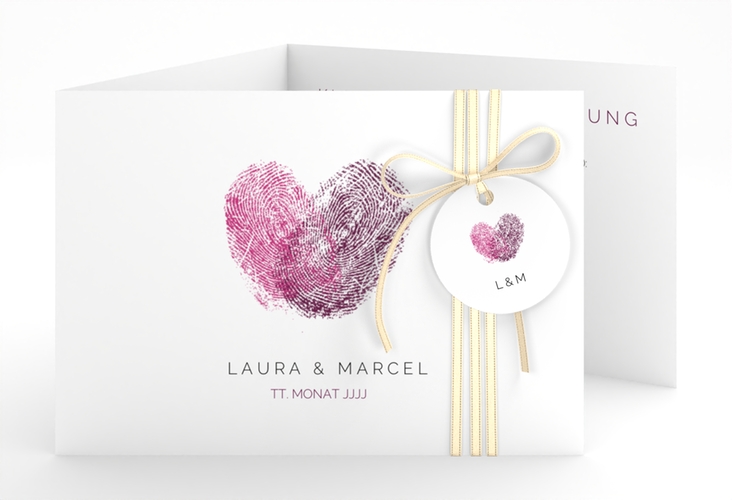 Hochzeitseinladung Fingerprint A6 Doppel-Klappkarte pink schlicht mit Fingerabdruck-Motiv