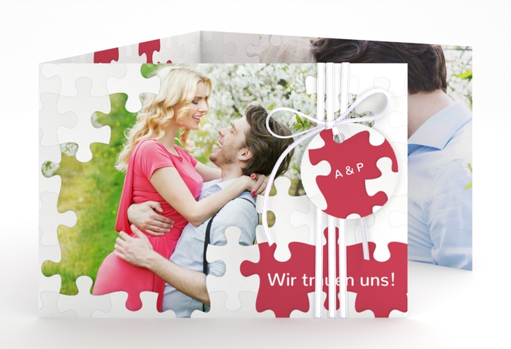 Hochzeitseinladung Puzzle A6 Doppel-Klappkarte rot