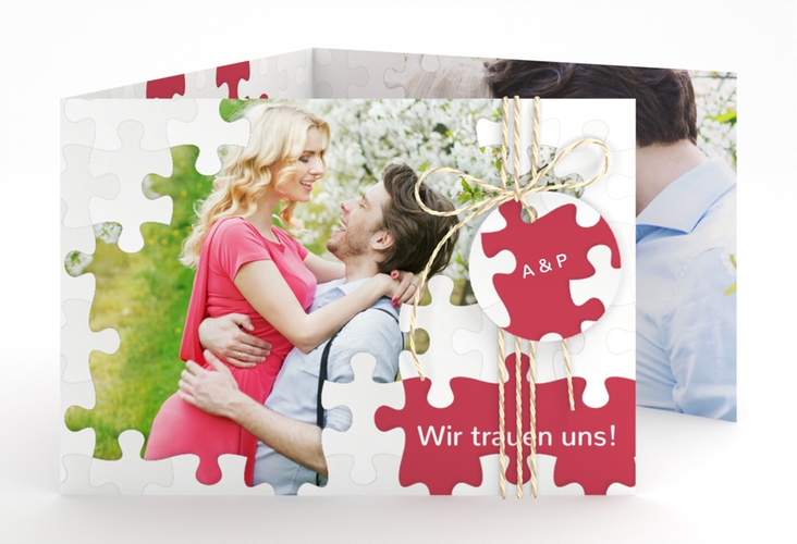 Hochzeitseinladung Puzzle A6 Doppel-Klappkarte rot